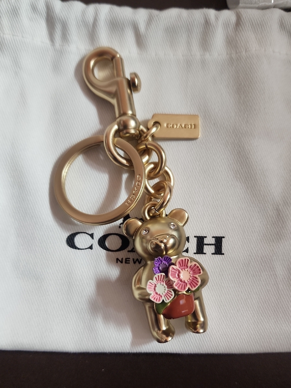 Coach Gold Bear Keychain Charm w/ Crystal Eyes And Bouquet New